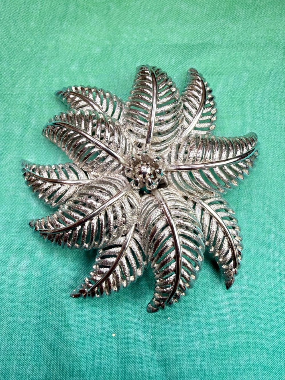 Signed Monet Vintage Silver Tone Brooch Pin: Textured Leaf, Mid-Century Modern